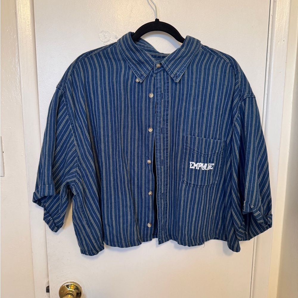 Blue Striped Button-Up Cropped Shirt